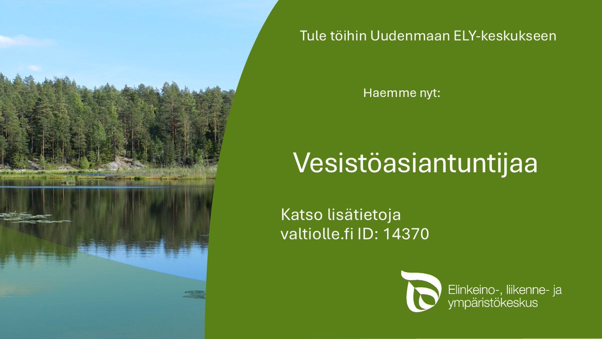 🌊 Tule tekemään merkityksellistä työtä ympäristön hyväksi!  

👉Meillä nyt haussa vakinainen vesistöasiantuntijan virka. 

📅Haku päättyy 28.8. klo 16.15. #duuni #rekry valtiolle.fi/fi/tyopaikat/v…