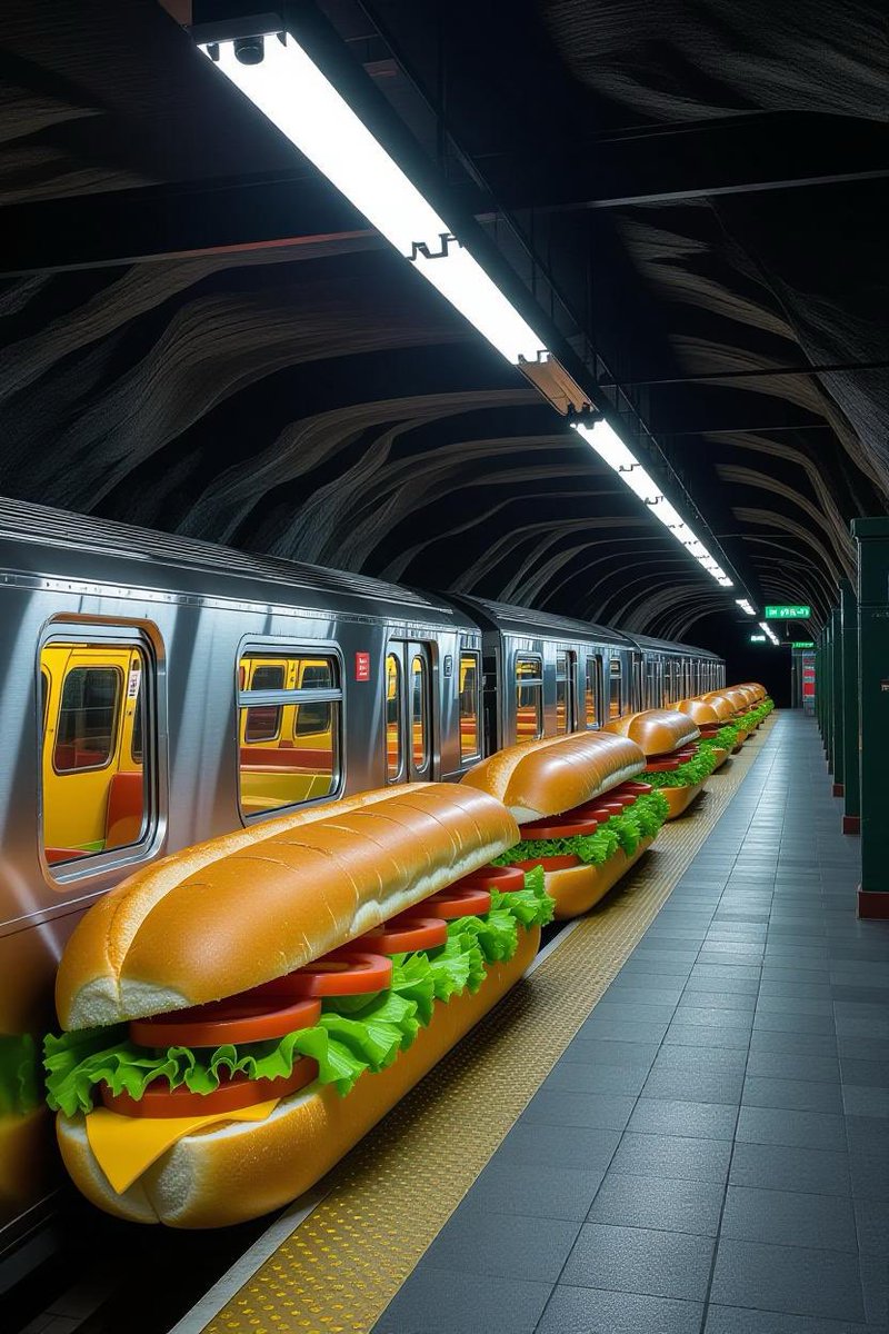 Grok Imagine prompt:

An underground subway station bustling with activity, featuring subway cars crafted from giant submarine sandwiches with crisp lettuce spilling out, carved out windows and doors, illuminated by eerie fluorescent lights, captured from a low-angle pers...