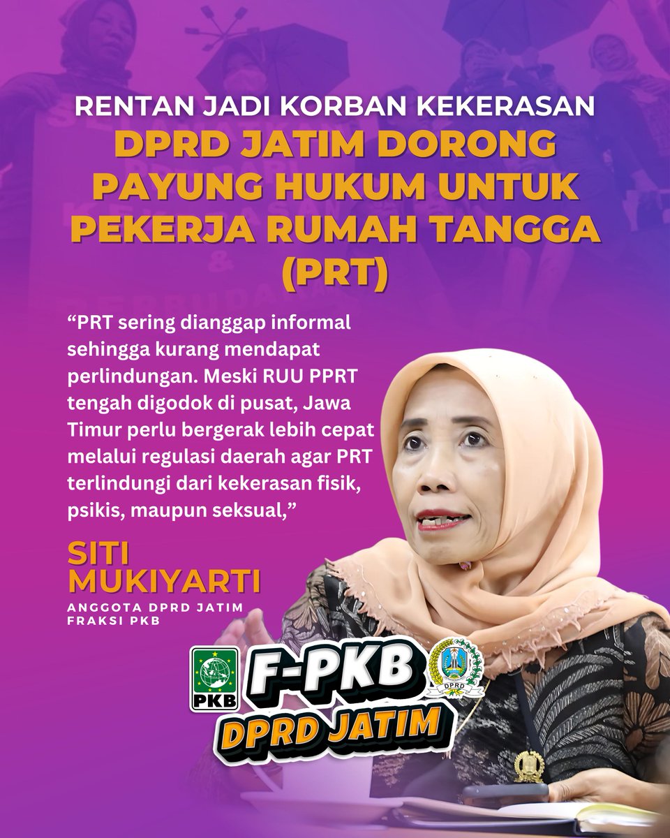 fraksipkbjatim_'s tweet photo. Anggota DPRD Jatim Fraksi PKB, Siti Mukiyarti, mendorong percepatan regulasi daerah agar Pekerja Rumah Tangga (PRT) mendapat perlindungan hukum yang jelas.
“PRT sering dianggap informal sehingga kurang mendapat perlindungan. Kita harus ubah itu!”

#FPKB #DPRDJatim #SitiMukiyarti https://t.co/XF5TCUA7go