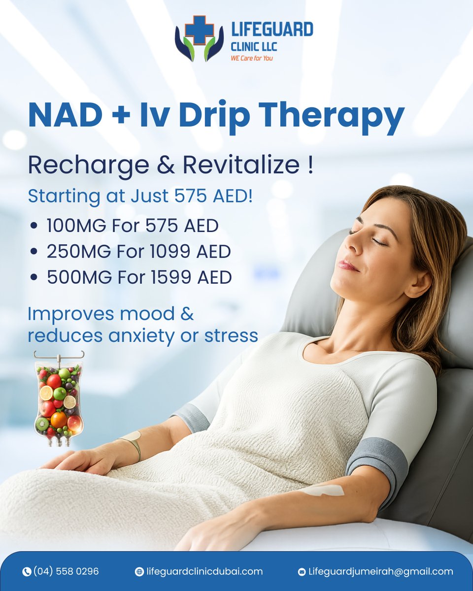 LifeguardClinic's tweet photo. NAD+ IV Drip Therapy
Recharge &amp; Revitalize !
Starting at Just 575 AED!
100MG For 575 AED
250MG For 1099 AED
500MG For 1599 AED
Improves mood &amp; reduces anxiety or stress.
#LifeguardClinic #JumeirahClinic #NADDrip #IVTherapyDubai #NADPlus #CellularHealth #AntiAgingDubai https://t.co/A0FDINKRzU