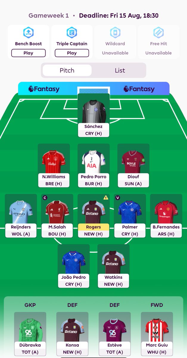 19180 OR last year 🌍

My current GW1 draft (for now) ⏳

Happy to answer any questions you have about your teams 

#FPL