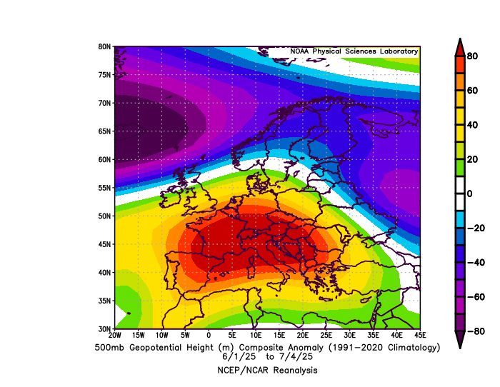 ExtremeMeteo's tweet photo. Un été en 3 phases jusqu'à maintenant :

- 1ère phase de début juin au 4 juillet : Forte advection subtropicale avec une patate de hauts géopotentiels sur l'Europe nous plaçant en flux de sud à sud-ouest très chaud. Vague de chaleur entre 19 juin et 4 juillet avec durée et intensité remarquables.

- 2ème phase du 4 juillet au 5 août : Repositionnement de l'anticyclone entre le proche Atlantique et la Scandinavie (très chaud en Scandinavie et sur l'Europe du sud-est). Flux de nord à nord-ouest dominant sur le pays avec températures déficitaires entre le 20 juillet et le 5 août.

- 3ème phase (toujours en cours) débuté le 5 août : Situation assez similaire à celle de juin. Vague de chaleur/canicule en cours. 

Tout cela a dépendu du forçage tropical MJO. Forçage tropical faible sur océan indien a favorisé ces 2 vagues de chaleur. Forçage tropical plus important décalé sur le Pacifique, a favorisé le régime de dorsale anticyclonique atlantique et blocage scandinave de juillet.

Imaginez un instant et sans faire dans l'alarmisme car ça arrivera un prochain été, si le forçage tropical reste faible et centré sur l'océan Indien, nous pourrions avoir presque 3 mois de vague de chaleur et/ou de canicule. 
Malheureusement on finit sur environ 1 mois et demi en totalité environ (à affiner au bilan final) de vague de chaleur sur les 3 mois, ce qui engendre une forte aggravation de la sécheresse et de la végétation/cultures grillés avec aussi comme corollaire de nombreux incendies.

On peut penser ce qu'on veut des étés modernes mais je n'appelle pas ça l'été, mais plutôt l'enfer car les écosystèmes sont durement touchés avec des conséquences sur la faune et la flore.
