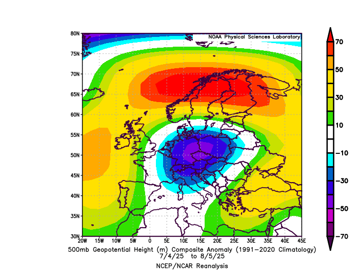 ExtremeMeteo's tweet photo. Un été en 3 phases jusqu'à maintenant :

- 1ère phase de début juin au 4 juillet : Forte advection subtropicale avec une patate de hauts géopotentiels sur l'Europe nous plaçant en flux de sud à sud-ouest très chaud. Vague de chaleur entre 19 juin et 4 juillet avec durée et intensité remarquables.

- 2ème phase du 4 juillet au 5 août : Repositionnement de l'anticyclone entre le proche Atlantique et la Scandinavie (très chaud en Scandinavie et sur l'Europe du sud-est). Flux de nord à nord-ouest dominant sur le pays avec températures déficitaires entre le 20 juillet et le 5 août.

- 3ème phase (toujours en cours) débuté le 5 août : Situation assez similaire à celle de juin. Vague de chaleur/canicule en cours. 

Tout cela a dépendu du forçage tropical MJO. Forçage tropical faible sur océan indien a favorisé ces 2 vagues de chaleur. Forçage tropical plus important décalé sur le Pacifique, a favorisé le régime de dorsale anticyclonique atlantique et blocage scandinave de juillet.

Imaginez un instant et sans faire dans l'alarmisme car ça arrivera un prochain été, si le forçage tropical reste faible et centré sur l'océan Indien, nous pourrions avoir presque 3 mois de vague de chaleur et/ou de canicule. 
Malheureusement on finit sur environ 1 mois et demi en totalité environ (à affiner au bilan final) de vague de chaleur sur les 3 mois, ce qui engendre une forte aggravation de la sécheresse et de la végétation/cultures grillés avec aussi comme corollaire de nombreux incendies.

On peut penser ce qu'on veut des étés modernes mais je n'appelle pas ça l'été, mais plutôt l'enfer car les écosystèmes sont durement touchés avec des conséquences sur la faune et la flore.