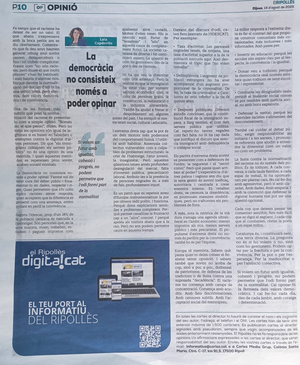 laiacm's tweet image. La democràcia no consisteix només a poder opinar
‘Si volem un futur amb igualtat, cohesió i progrés, no podem permetre que l’odi formi part de la normalitat’
El meu article a @CorisaMediaGrup