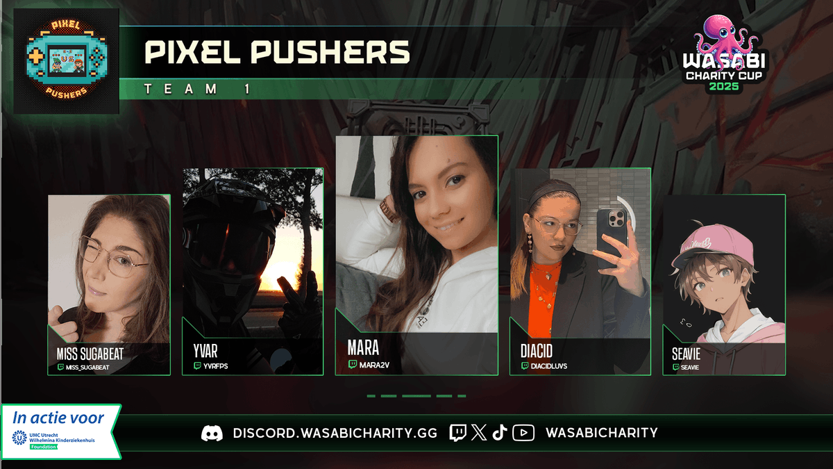 WasabiCharity's tweet photo. It's time to start the Team Announcements!
Up first... Armed with lightning reflexes and big mousepads, the Pixel Pushers aim to redraw the battlefield — one headshot-sized pixel at a time. They have one mission: push every pixel to victory! 💚
#gamingforgood #valorant #charity https://t.co/oqVyHkWtsc
