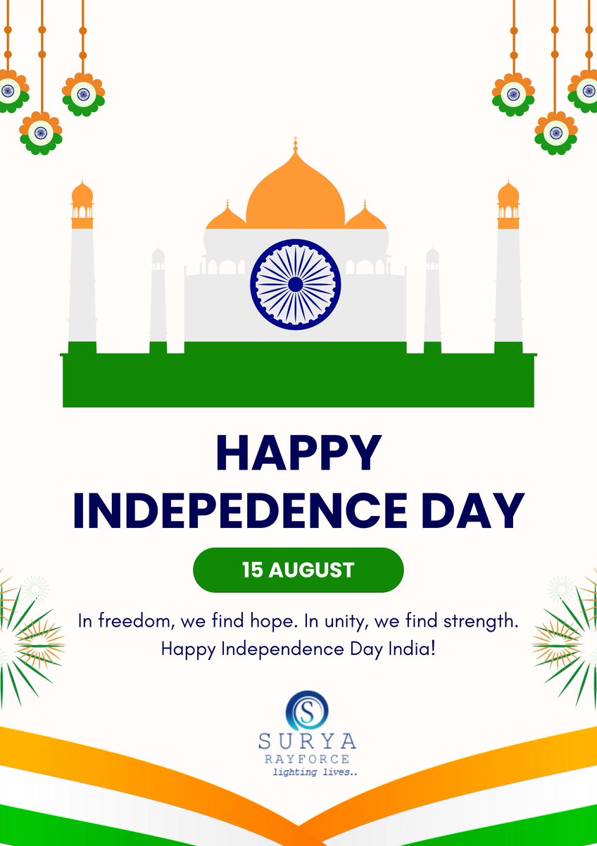 HarshBa46793038's tweet image. 🇮🇳 Happy Independence Day!

At Surya Rayforce, we honor the spirit of freedom and the power of progress.
Let’s work together for a stronger, brighter India. 🌟

#HappyIndependenceDay #ProudToBeIndian #SuryaRayforce #IndiaAt79 #JaiHind #FreedomCelebration