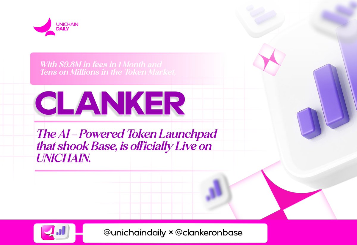 $9.7M in fees in one month.

Millions of transactions. Tens of millions in token market caps.

Now, <a href="/clankeronbase/">moved to @clanker_world (USED FOR TESTING NOW)</a> , the AI-powered token launchpad that shook Base, is officially live on <a href="/unichain/">Unichain</a> .

If you’ve never met Clanker, think of it as the friendly AI bot of DeFi. You