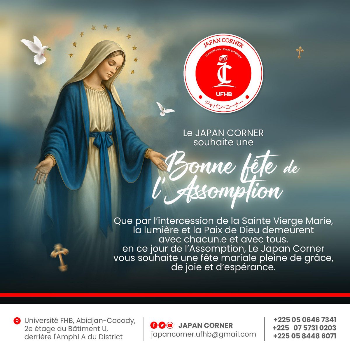 JAPAN CORNER (@japancorne37381) on Twitter photo Que la douceur et la paix de Notre-Dame en ce jour de l’Assomption illuminent vos cœurs. Bonne fête à tous !
<a href="/AmbJaponCITGNE/">Ambassade du Japon - Côte d'Ivoire, Togo et Niger</a> Que la douceur et la paix de Notre-Dame en ce jour de l’Assomption illuminent vos cœurs. Bonne fête à tous !
<a href="/AmbJaponCITGNE/">Ambassade du Japon - Côte d'Ivoire, Togo et Niger</a>