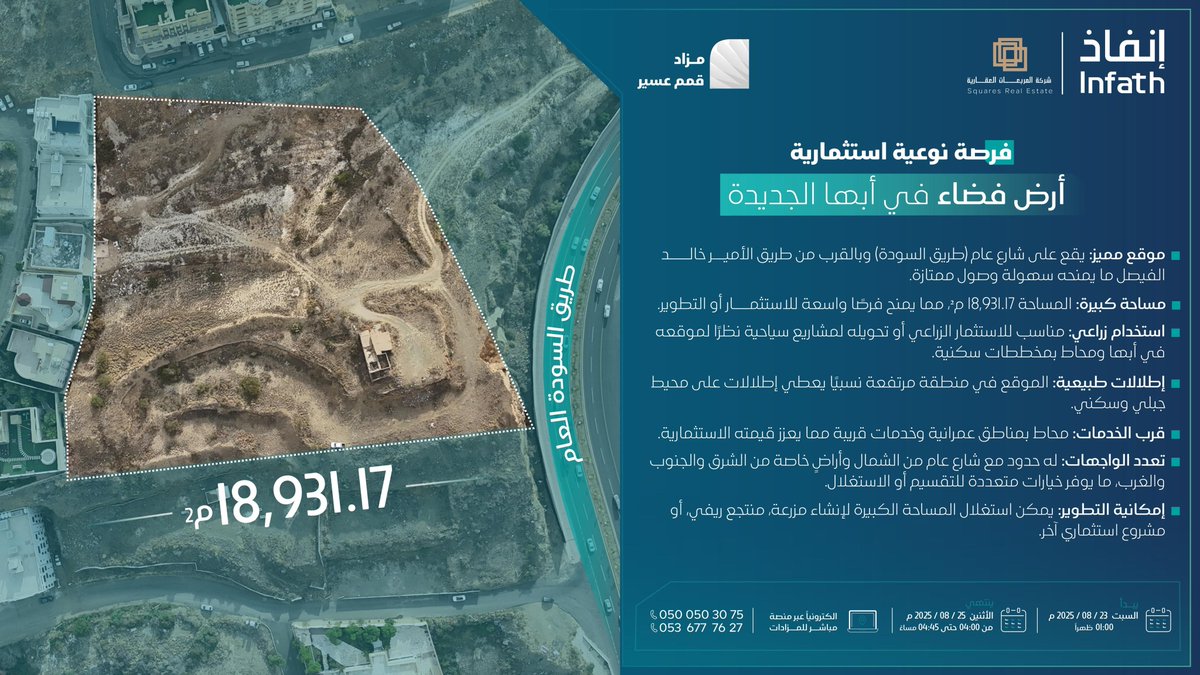 💎الفرصة الأهم في #مزاد_قمم_عسير 💎
أرض فضاء مميزة في قلب أبها الجديدة، مساحة 18,931.17م²، على #طريق_السودة ، بإطلالات طبيعية خلابة، وموقع يربطك بأهم المحاور الحيوية شمالاً وجنوباً 🌿

💡 مثالية لإنشاء منتجع، مزرعة، مشروع سياحي
📍 قرب الفنادق والخدمات الكبرى
✨ موقع استراتيجي