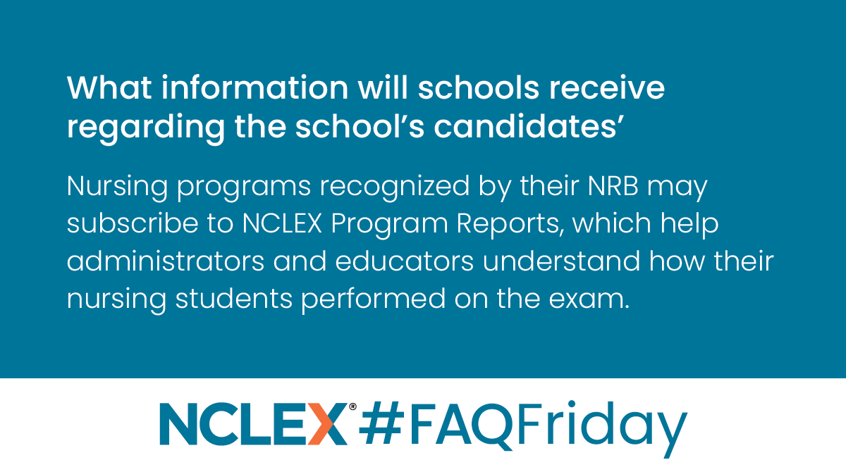 NCLEXInfo's tweet image. Q: What info do schools receive about their candidates’ performance?
A: Nursing programs recognized by their NRB may subscribe to NCLEX Program Reports, which help administrators and educators understand how their nursing students performed on the exam. #FAQFriday #NCLEXinfo