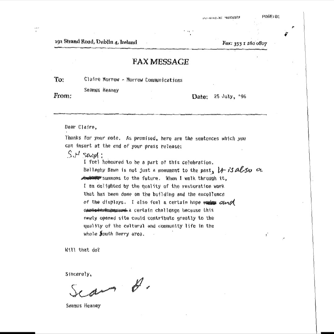 MorrowComms's tweet image. Summer ’96 gave us one of our all-time favourite moments, launching Bellaghy Bawn community centre.

For Director Claire Bonner, it meant working with her literary hero, Seamus Heaney: a friendly call, a perfectly worded fax, and an inspiring speech we’ll never forget. 📚🖋️