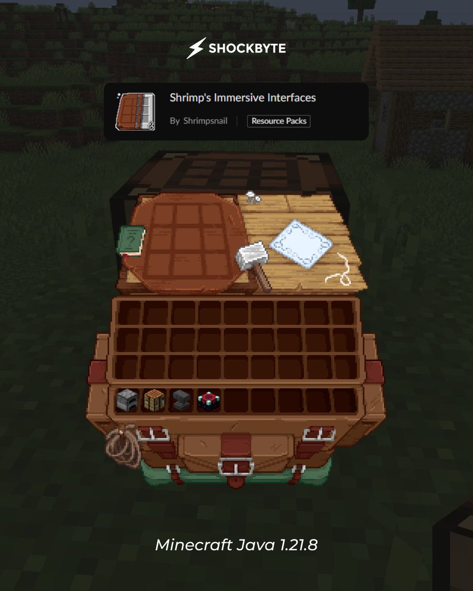 Shockbyte's tweet image. Your Minecraft GUI...but make it immersive
Shrimp’s pack turns crafting tables into actual tables and furnaces into... well, furnaces.
#minecraft #minecraftresourcepack #minecraftjava #minecraftgui #minecrafters #shockbyte