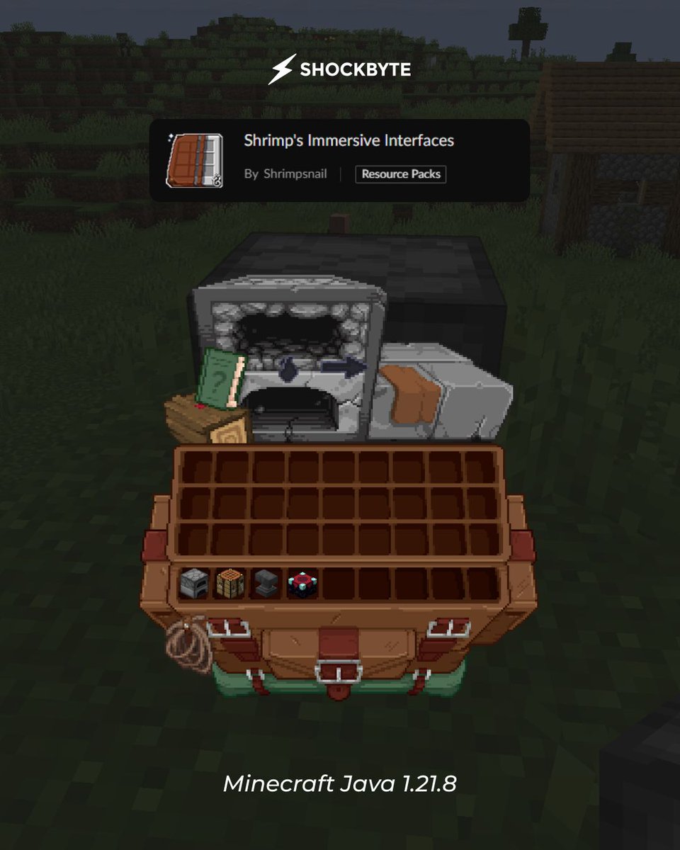 Shockbyte's tweet image. Your Minecraft GUI...but make it immersive
Shrimp’s pack turns crafting tables into actual tables and furnaces into... well, furnaces.
#minecraft #minecraftresourcepack #minecraftjava #minecraftgui #minecrafters #shockbyte