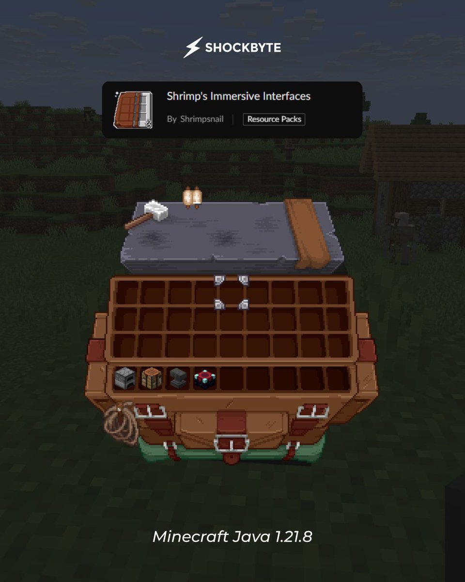 Shockbyte's tweet image. Your Minecraft GUI...but make it immersive
Shrimp’s pack turns crafting tables into actual tables and furnaces into... well, furnaces.
#minecraft #minecraftresourcepack #minecraftjava #minecraftgui #minecrafters #shockbyte