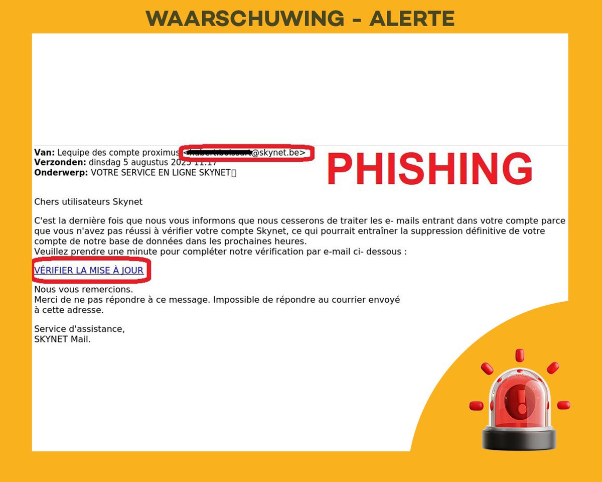 Safeonweb.be (@safeonweb_be) on Twitter photo 🚨 #Alerte #phishing – Clients #Proximus #Skynet 🚨 Des escrocs prétendent être Proximus et menacent de supprimer votre boîte mail Skynet si vous n’agissez pas dans les heures qui viennent. 
ℹ️ Plus d'infos via bit.ly/3SVTQlj  
#Sécurité #Safeonweb #cybersécurité 🚨 #Alerte #phishing – Clients #Proximus #Skynet 🚨 Des escrocs prétendent être Proximus et menacent de supprimer votre boîte mail Skynet si vous n’agissez pas dans les heures qui viennent. 
ℹ️ Plus d'infos via bit.ly/3SVTQlj  
#Sécurité #Safeonweb #cybersécurité