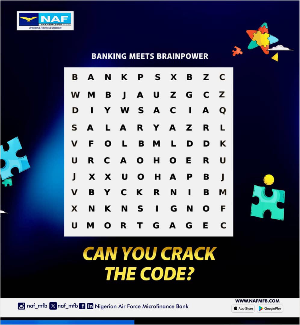 naf_mfb's tweet photo. Banking on your brainpower?
Decode the grid and put your financial knowledge to the test.
#FinancialLiteracy #BankingKnowledge #BrainPower #FinancialPuzzle
#NAFMFB
#CrosswordPuzzle https://t.co/LiR4zBVSZn