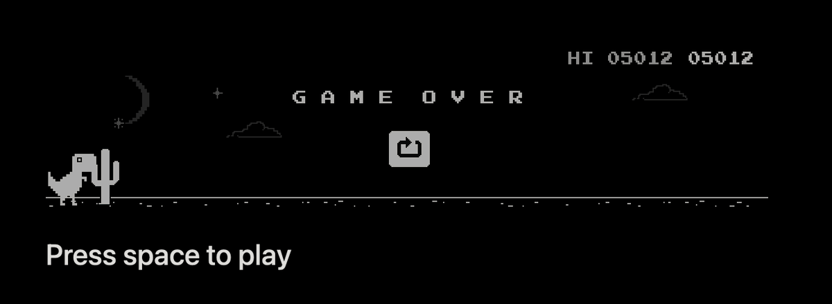 mtreitz's tweet photo. Working from cafés on my mobile hotspot and waiting for the internet to come up has made me freakishly good at the @googlechrome dino game https://t.co/ermrQMxWsj