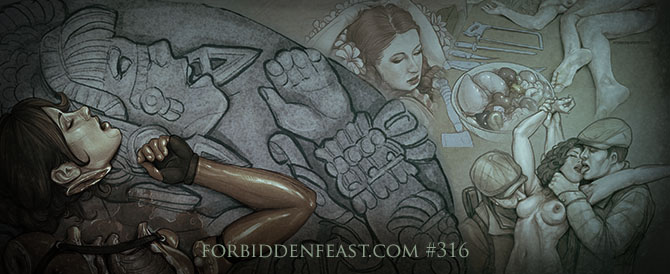 forbiddenfeast's tweet photo. Carte du Jour 316: Fate of Coyolxāuhqui has arrived with a short history lesson from the "mad professor". Support my art and stories and see the full uncensored artworks by visiting https://t.co/2JQrwWO8ok https://t.co/UNVfLp88Rp
