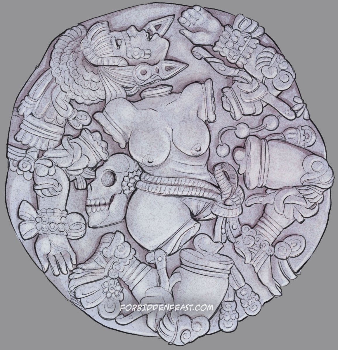 forbiddenfeast's tweet photo. Carte du Jour 316: Fate of Coyolxāuhqui has arrived with a short history lesson from the "mad professor". Support my art and stories and see the full uncensored artworks by visiting https://t.co/2JQrwWO8ok https://t.co/UNVfLp88Rp