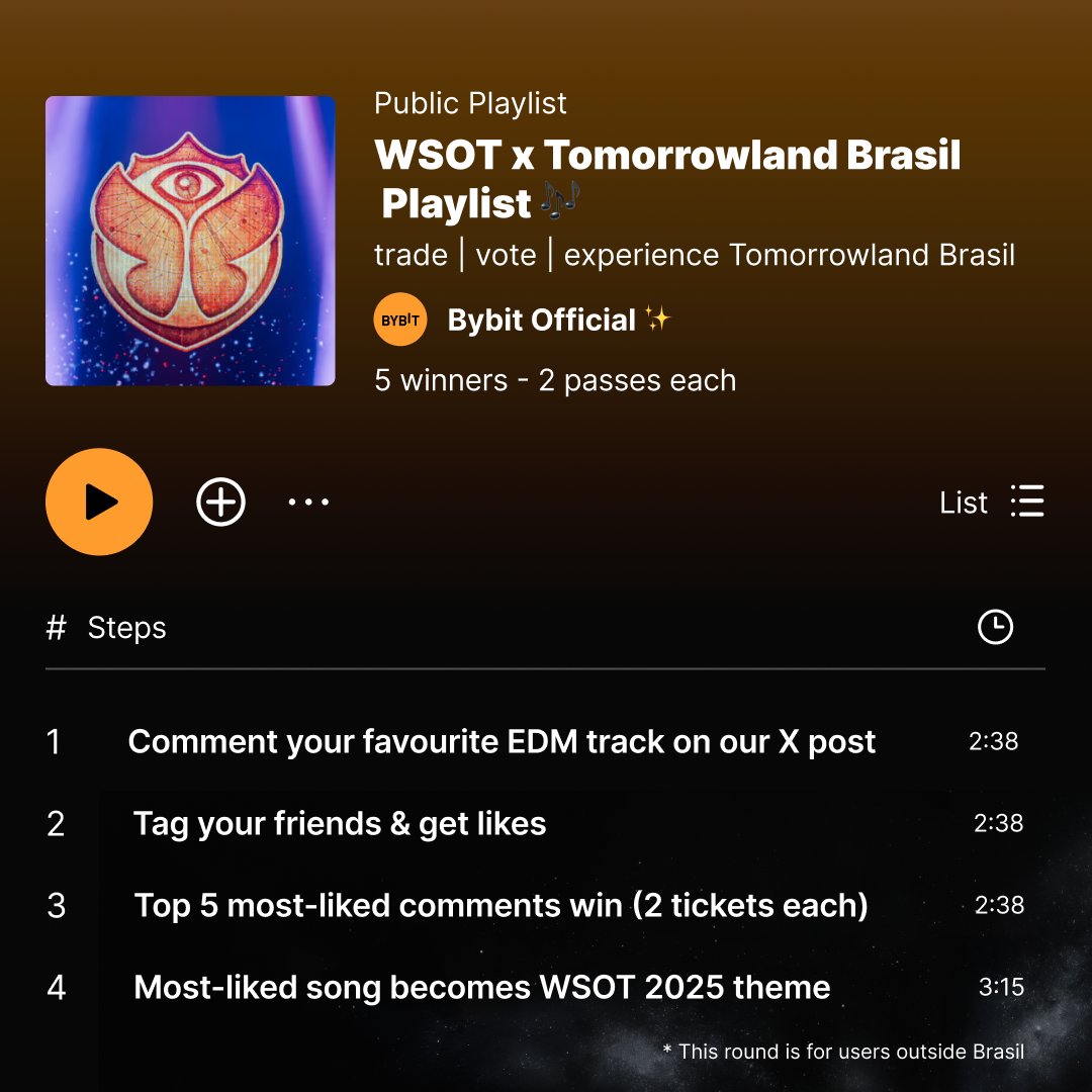 Bybit_Official's tweet photo. Feel the beat. Anticipate the drop. Seize the moment. 🎶
🚨 5 winners get 2 tickets each to #TomorrowlandBrasil.
🎵 Most-liked song = official #WSOT2025 theme.

1️⃣ Comment your favourite EDM track.
2️⃣ Tag friends &amp; get likes.

📅 Ends Aug 22