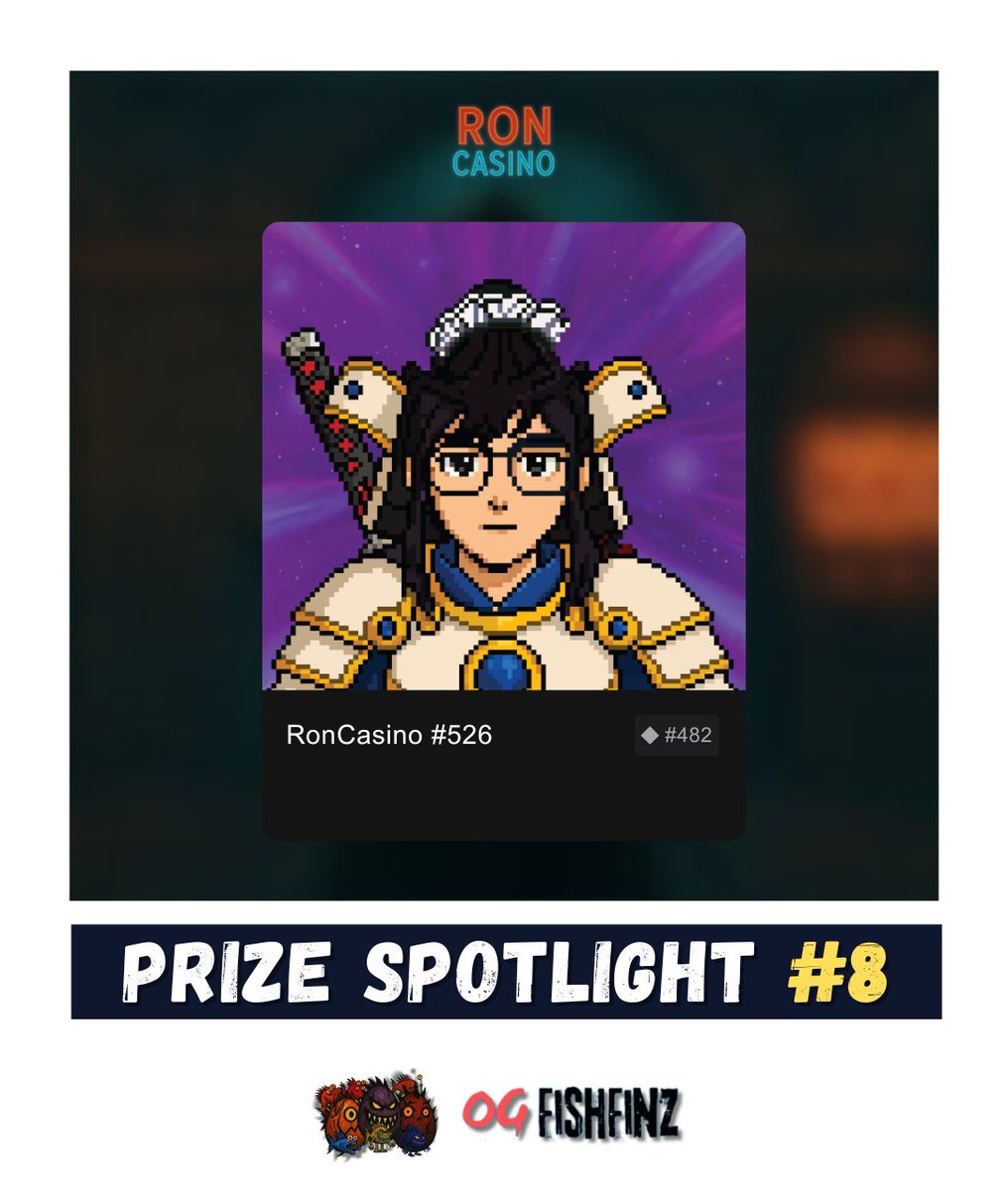OGFishFinz's tweet photo. ✨ OG FISHFINZ PRIZE SPOTLIGHT #8

RonCasino #526, dressed in Spiritforged Regalia and armed with a Based Weapon. In @roncasino_, holding her means you also earn a share of the house’s profits. 

⌛️ 3 hours left. Have a chance to win her here for 2 RON: https://t.co/4pUywFhZlB https://t.co/9gyiG3j7oY