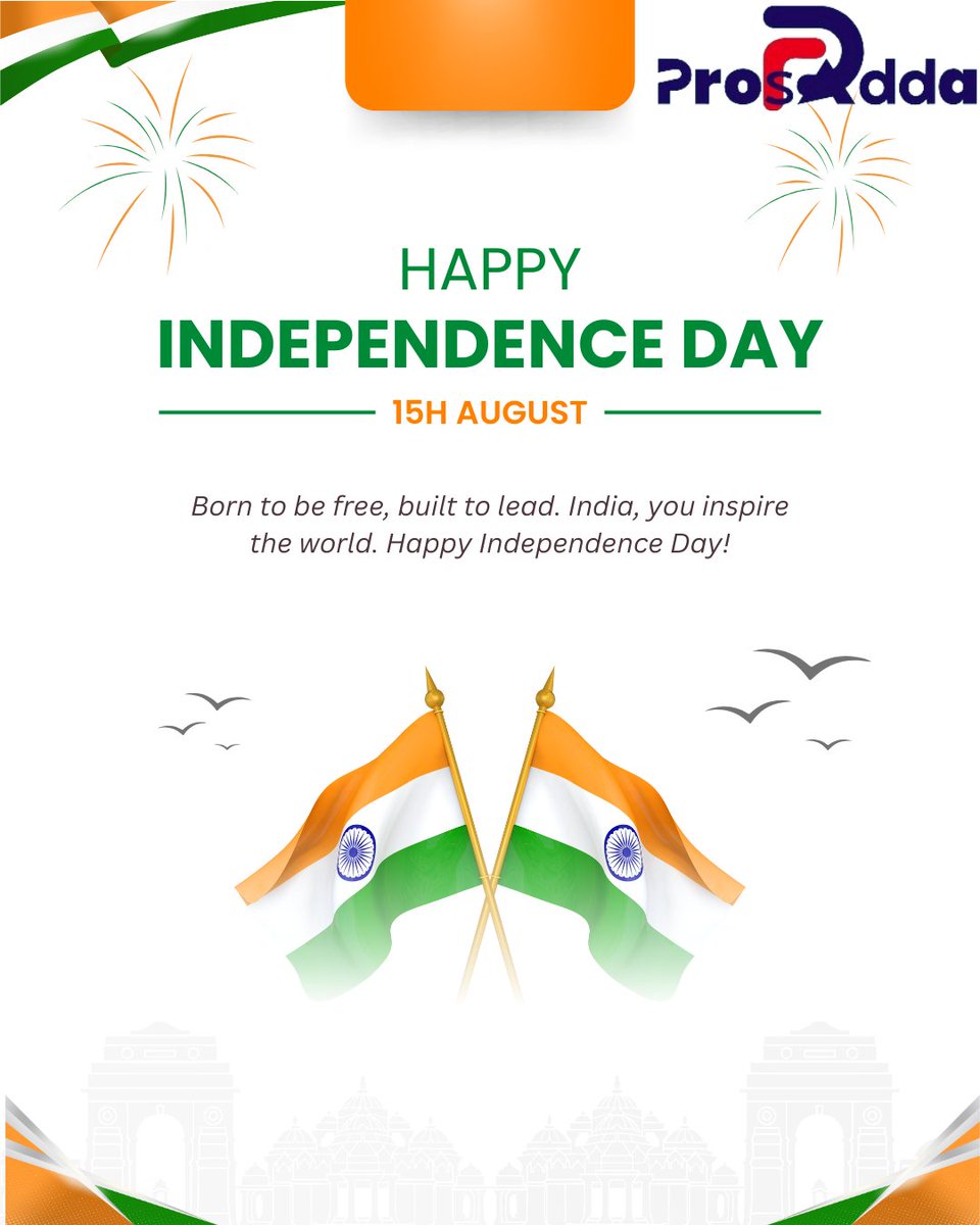Pros_Adda's tweet photo. This 15th August, we celebrate the spirit of freedom, unity, and progress. At ProsAdda, we stand committed to building a stronger, cleaner, and brighter India. Wishing you all a Happy Independence Day!
#ProsAdda #IndependenceDay #15August #ProudToBeIndian #India" https://t.co/rep7s5pcYe
