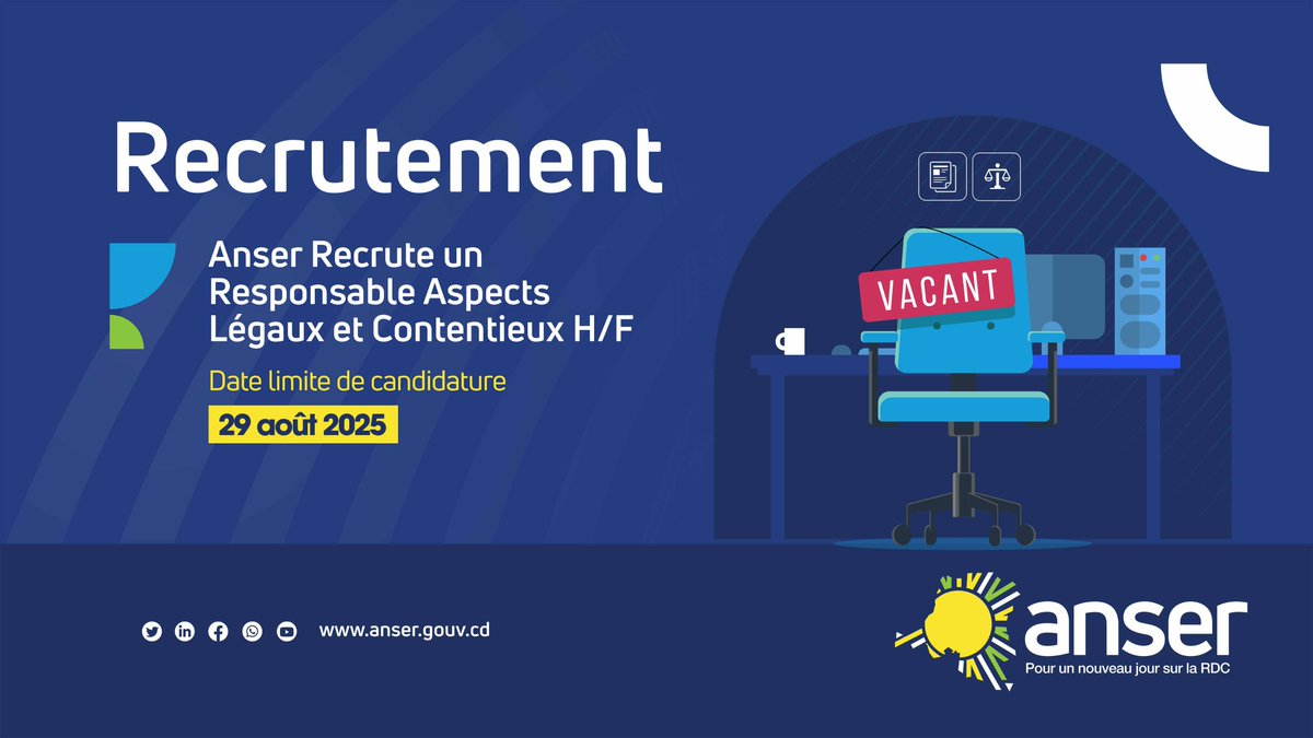 anser_rdc's tweet photo. 🚨✨ ANSER recrute !

📌 Postes à pourvoir :
💼 Responsable Administration du Personnel et Paie (H/F)
⚖️ Responsable Aspects Légaux et Contentieux (H/F)

⏳ Date limite de candidature : 29 août 2025

📄 Détails des offres :
🔹 💼 Responsable Administration du Personnel et Paie
Légaux et Contentieux (H/F)
https://t.co/HhXtYc4Vnb
🔹 ⚖️ Responsable Aspects Légaux et Contentieux
https://t.co/4hG6PrELEi

📢 Rejoignez ANSER et contribuez à l’avènement d’un  jour nouveau sur la RDC
