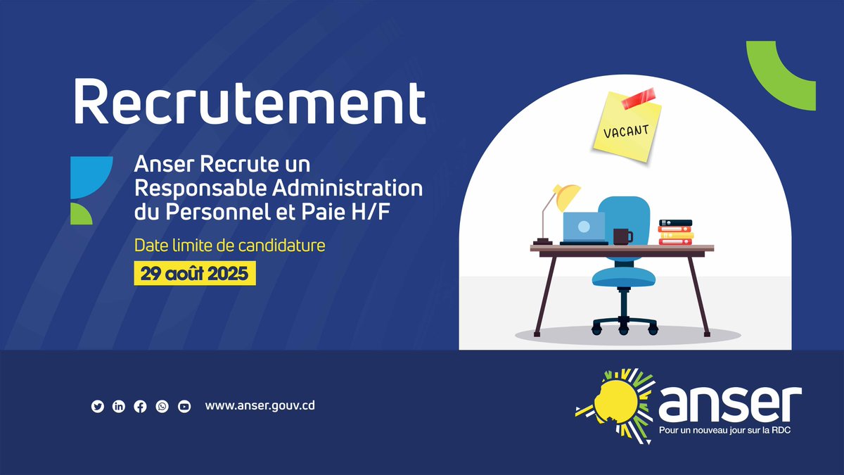 anser_rdc's tweet photo. 🚨✨ ANSER recrute !

📌 Postes à pourvoir :
💼 Responsable Administration du Personnel et Paie (H/F)
⚖️ Responsable Aspects Légaux et Contentieux (H/F)

⏳ Date limite de candidature : 29 août 2025

📄 Détails des offres :
🔹 💼 Responsable Administration du Personnel et Paie
Légaux et Contentieux (H/F)
https://t.co/HhXtYc4Vnb
🔹 ⚖️ Responsable Aspects Légaux et Contentieux
https://t.co/4hG6PrELEi

📢 Rejoignez ANSER et contribuez à l’avènement d’un  jour nouveau sur la RDC