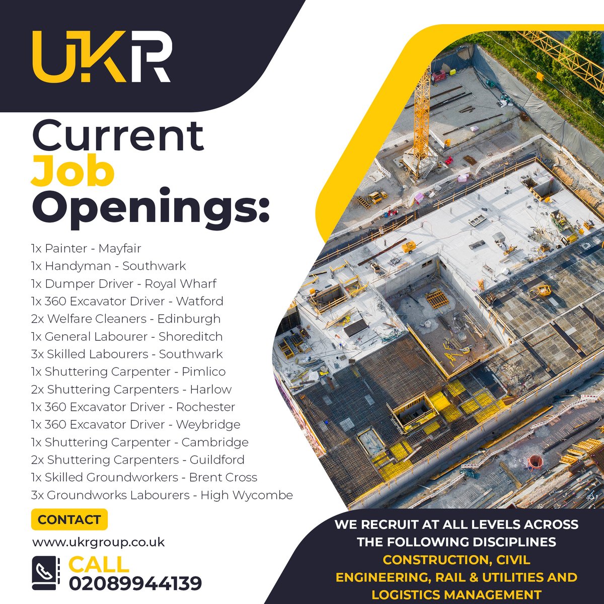 UKR_Group's tweet photo. Current Job Opportunities – @UKR_Group 
Looking for your next role in construction?
We’ve got a range of opportunities across the UK.
Interested or know someone who might be?
Call: 02089944139
Website: https://t.co/fTJ3VquarG
#constructionjobs  #hiringnow #ukconstruction https://t.co/d1phL56os0