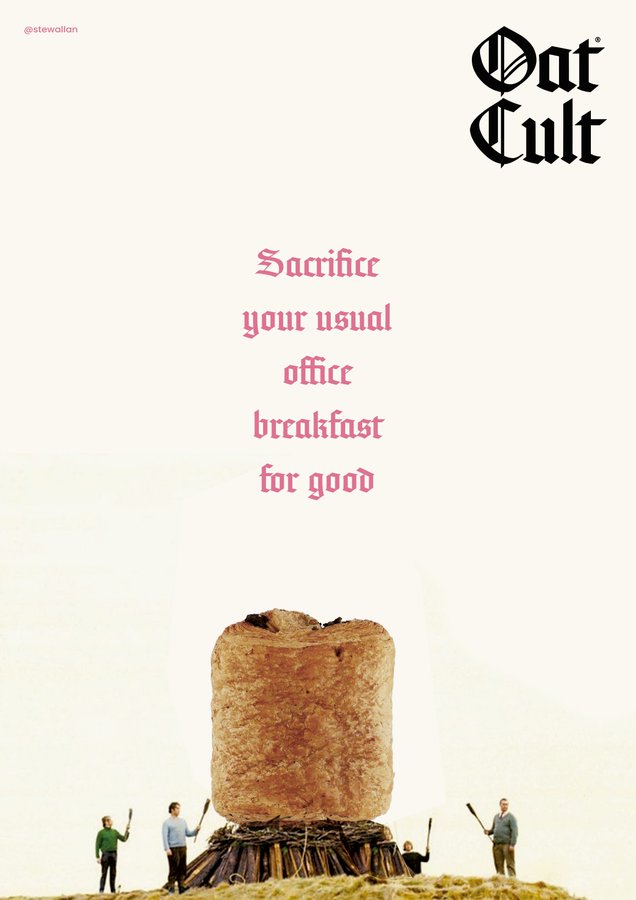 🥈 2nd Place in the #OatCult Brief.

<a href="/StewAllan/">Stew Allan</a> 

Winning two big boxes of mixed oats
Office fridge supremacy unlocked.