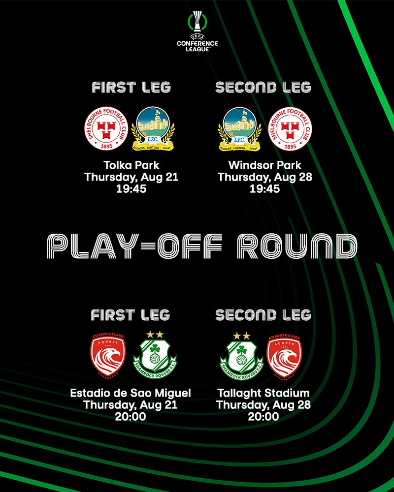 League of Ireland (@leagueofireland) on Twitter photo Fixture details for two huge UEFA Conference League Play-Offs for our remaining LOI sides ๐ช๐บ Fixture details for two huge UEFA Conference League Play-Offs for our remaining LOI sides ๐ช๐บ