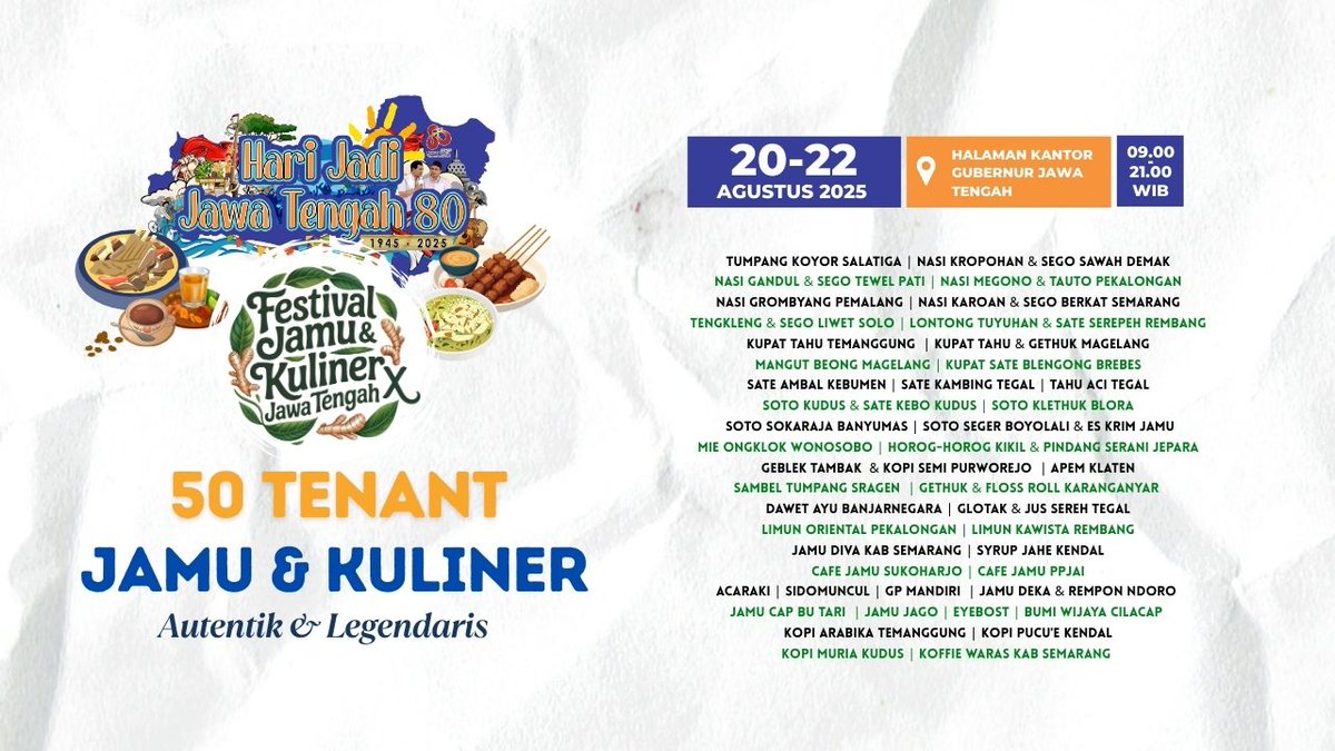 🎉 Saatnya seru-seruan bareng!
Festival Kamu &amp; Kuliner Jawa Tengah hadir buat #SobatWisata yang cinta rasa lokal!

📅 20–22 Agustus 2025
🕘 09.00–21.00 WIB
📍 Halaman Kantor Gubernur Jawa Tengah

✨ Lebih dari 50 stan Jamu &amp; kuliner khas Jateng siap hadirkan sajian nikmat.