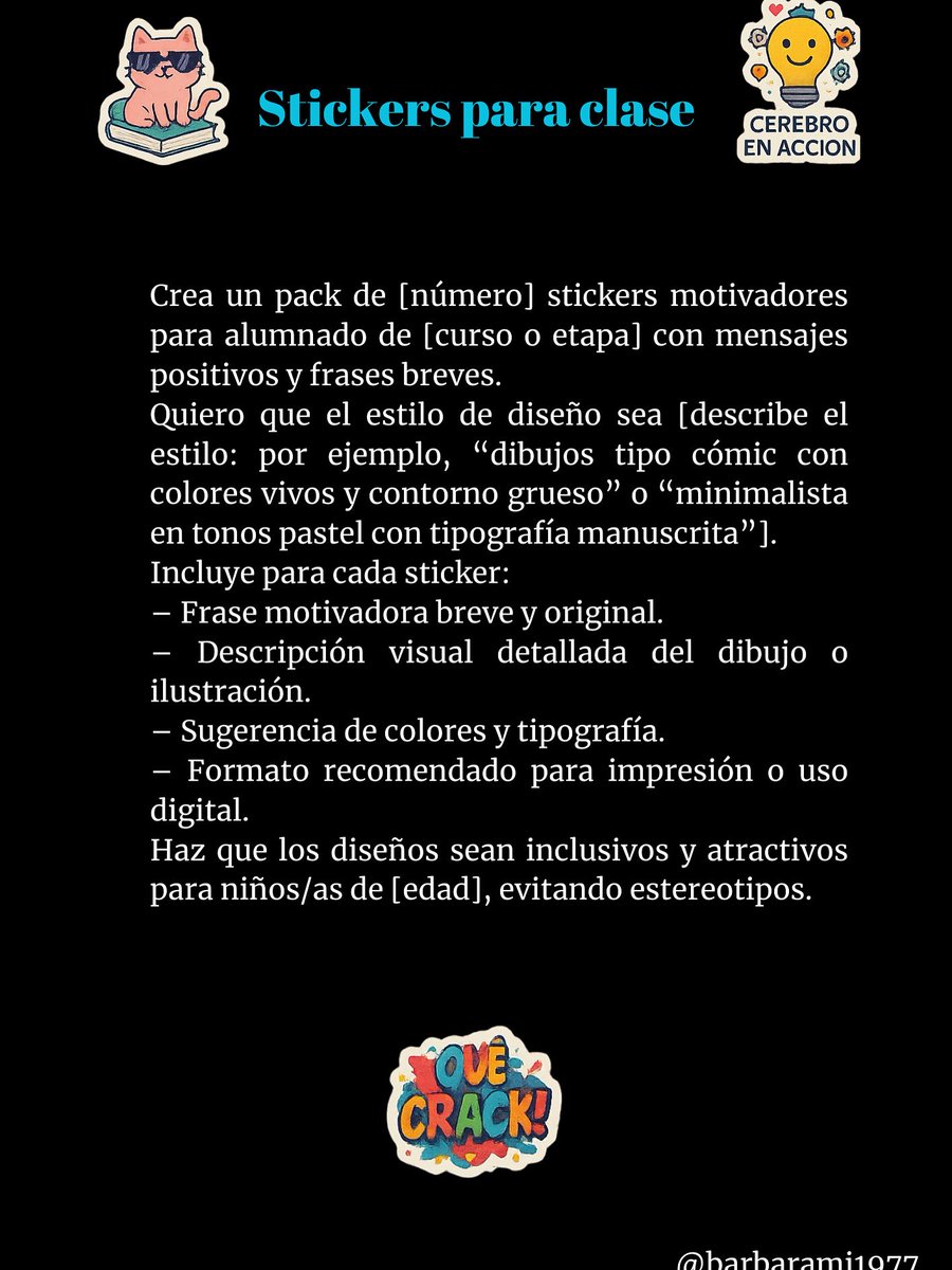 Crea tu propio pack de stickers motivadores con IA.
Con este prompt puedes generar fácilmente packs completos de stickers positivos para cualquier edad, curso o temática.
