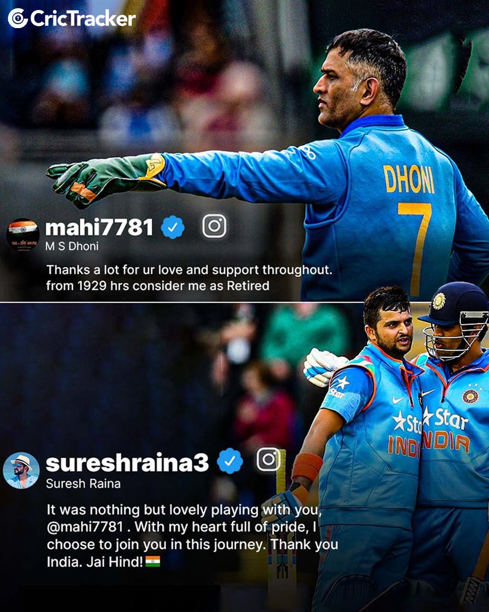 Cricketracker's tweet image. On this day in 2020, Suresh Raina walked into retirement alongside MS Dhoni, a bond beyond cricket. 🤝❤️

#MSDhoni #sureshraina