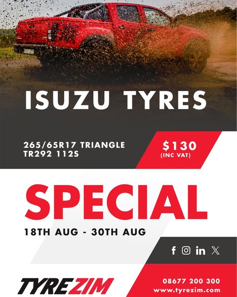 TyreZim's tweet photo. We're back with more SPECIALS!
Valid from the 18th to the 30th of August 2025.
Visit any TyreZim branches to find out more!
#TyreZim #BuildingTrust #TyreSpecials #TyrePromotion #HiluxTyres #IsuzuTyres #TyreShop #VisitUs https://t.co/eOTgCmDOm8