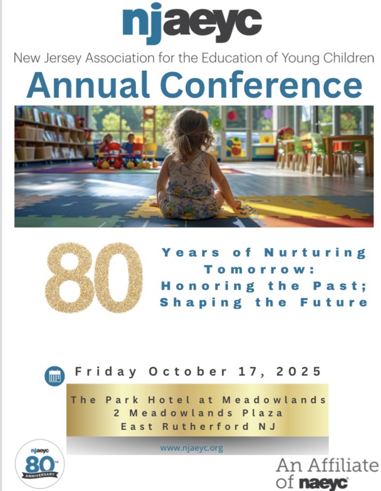 🚨 Don’t Miss the Early Bird Deadline! Registration is now OPEN for our NJAEYC Annual Conference and 80th Anniversary Gala!
📅 secure your spot today!
🔗 Register now: njaeyc.org/2025-conferenc…

#NJAEYC80 #CelebrateECEExcellence #ProfessionalGrowth #EmpoweringEducators