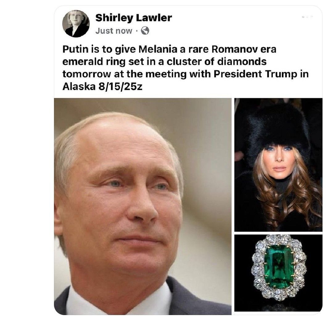 Nancy023922191's tweet image. PUTIN LOOKING FORWARD TO SEEING MELANIA AGAIN
The Russian President has been 'impressed' by the American First Lady since first meeting her years ago.
‘She speaks some Russian and definitely made friends with Putin.'
Putin is gifting Melania a rare Romanov emerald ring.
