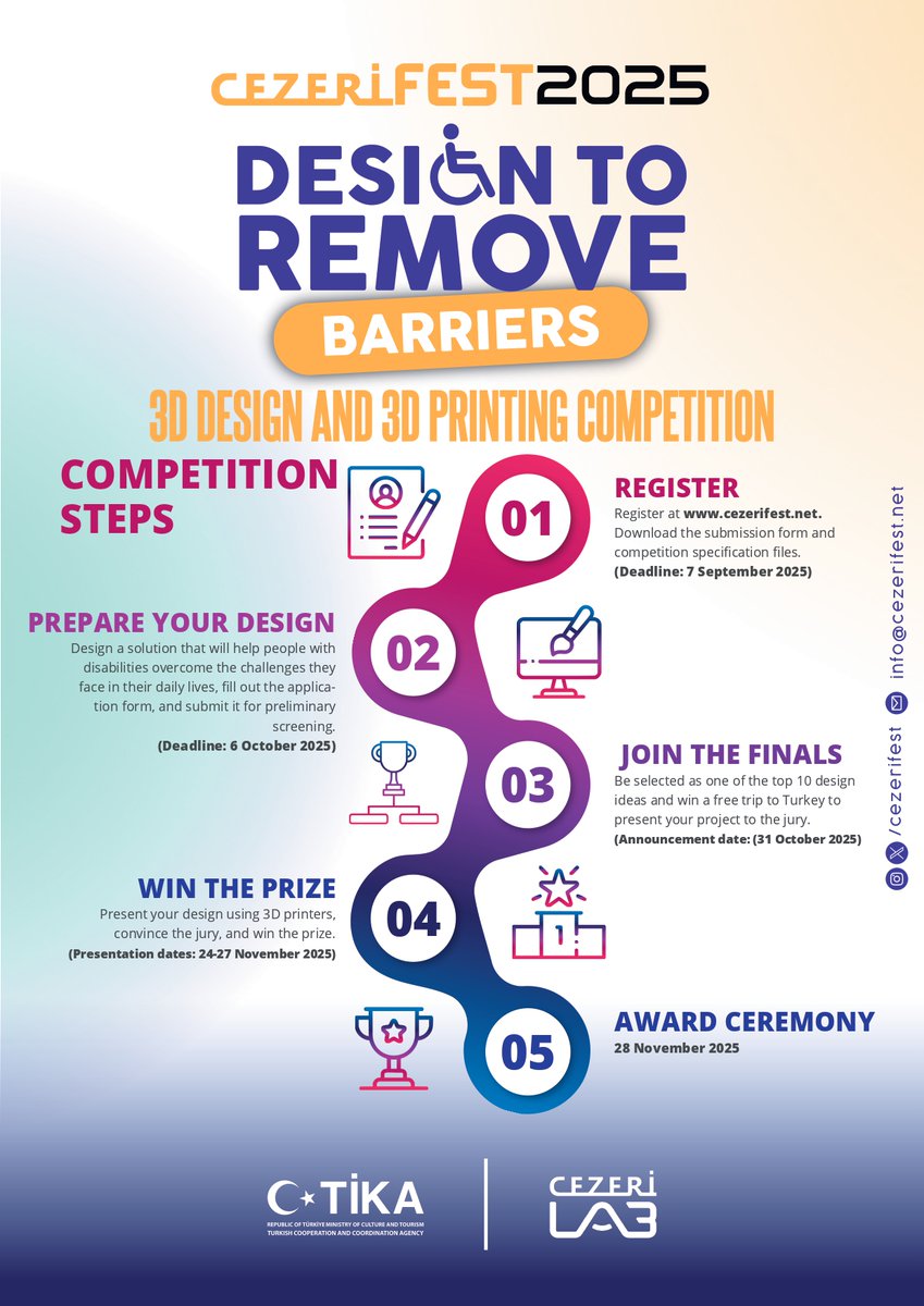 Želiš pokazati svoju kreativnost u 3D dizajnu i 3D printanju?🖨️✨

Prijavi se na CEZERI FEST 2025 i sa <a href="/Tika_Turkiye/">TİKA</a> posjeti Tursku! 🇹🇷✈️

📌 Tema: "Dizajniraj za uklanjanje barijera"
🗓 Rok za registraciju: 7.9.2025. 🔗cezerifest.net
📂 Rok za predaju radova: 6.10.2025.