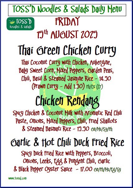 FRIDAY: 15/08/2025
CALL &amp; COLLECT - Call 018291607
.
.
.
#tossd #lunchdublin #noodles #ramen #lunch #chqdublin #lovindublin #restaurants #food #LunchTime #eat #fresh #thaifood #vegetarian #vegan #lunchbreak #lunchspecial #lunchmenu #asianeats #asianfood #thai #dublinfoodie
