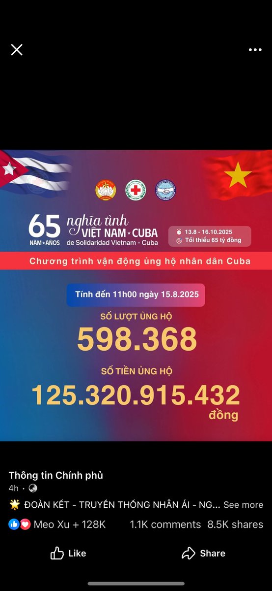 darrion_nguyen's tweet photo. In just 2 days Vietnamese people donated 126B VND (roughly 5m USD) to support our brother, double the target (65B) which was supposed to reach in 65 days. There is universal online / offline support - all felt gratitude toward Cuba for what they have helped us in the past. https://t.co/sFIqU7buLV