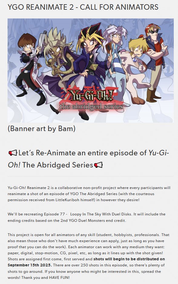 phuijl's tweet image. 💥YUGIOH REANIMATE PROJECT IS BACK! 💥

We will reanimate a shot of an episode of YGO The Abridged Series (with the courteous permission received from @yugiohtas ) in however they desire!

💥APPLY HERE: docs.google.com/forms/d/e/1FAI…