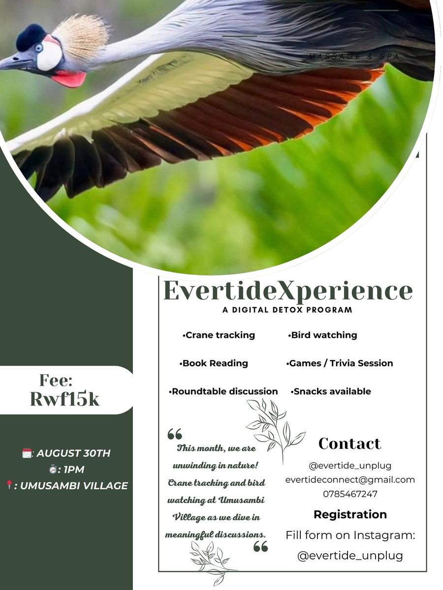 EVERTIDE (@evertide_unplug) on Twitter photo ✨A change of scenery for our EvertideXperience this end of month digital detox✨
On Saturday, August 30th, we are hosting our tech-free, fun-filled day at <a href="/UmusambiV/">Umusambi Village</a>
Register here: forms.gle/gbghtYV5bm79oe… ✨A change of scenery for our EvertideXperience this end of month digital detox✨
On Saturday, August 30th, we are hosting our tech-free, fun-filled day at <a href="/UmusambiV/">Umusambi Village</a>
Register here: forms.gle/gbghtYV5bm79oe…