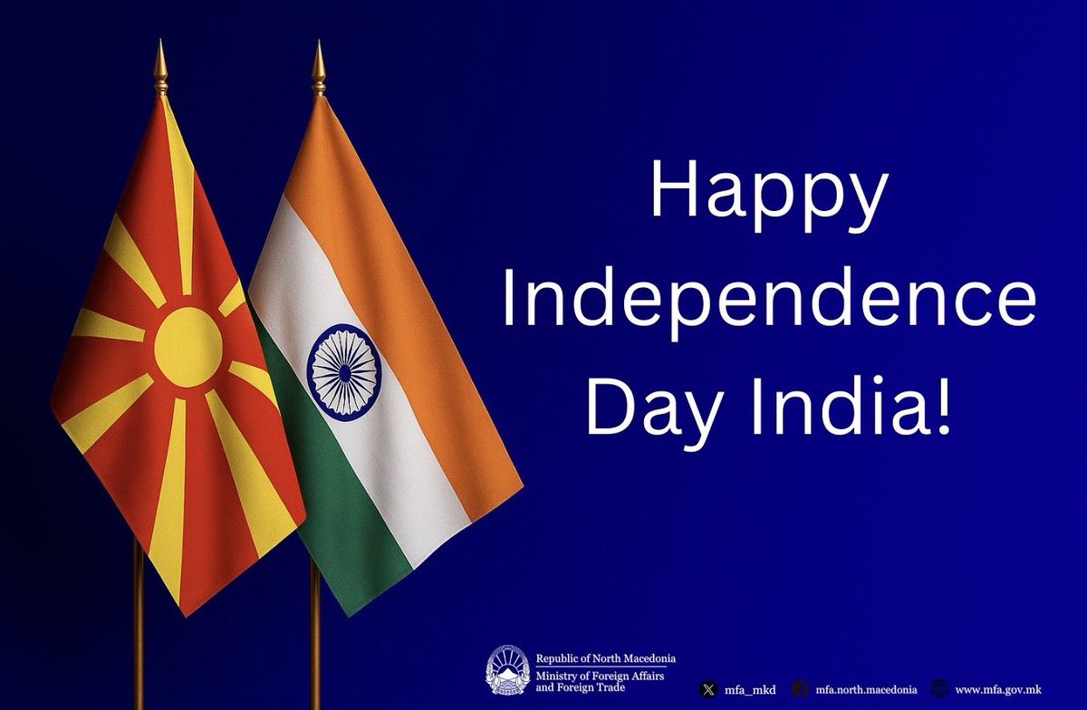 MFAFT North Macedonia 🇲🇰 (@mfa_mkd) on Twitter photo Happy Independence Day to the people of #India! On this joyous occasion, we look forward to deepening our bilateral relations and exploring new opportunities for cooperation. 🇲🇰🤝🇮🇳
<a href="/IndianDiplomacy/">Indian Diplomacy</a> Happy Independence Day to the people of #India! On this joyous occasion, we look forward to deepening our bilateral relations and exploring new opportunities for cooperation. 🇲🇰🤝🇮🇳
<a href="/IndianDiplomacy/">Indian Diplomacy</a>