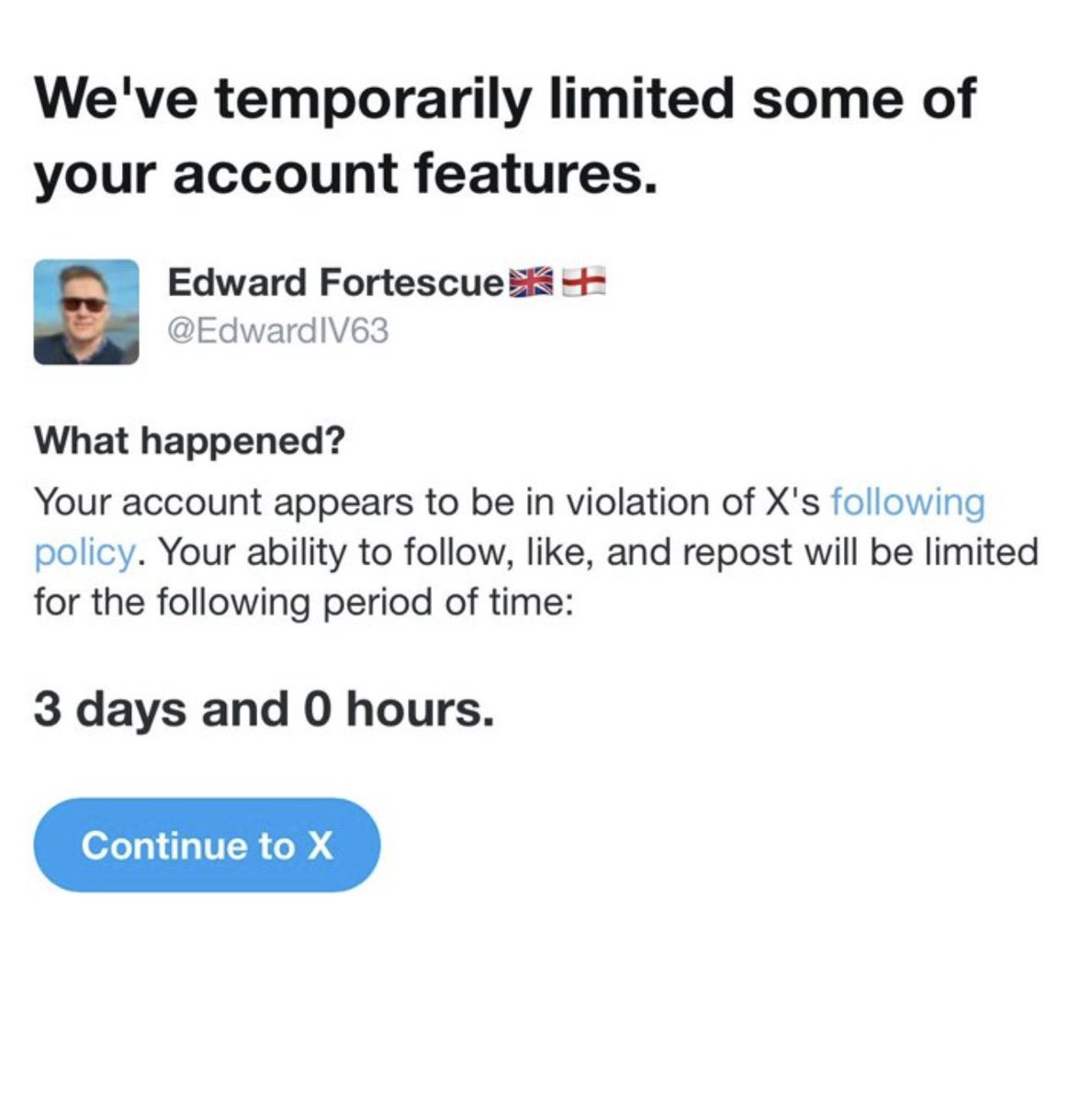 TIME FOR ACTION:

Desend on @EdwardIV63 feed and share the shizzles outta it. This is beyond wrong. His account has been suspended for 3 days for literally using “Hurty word”.

Retweet and demand action from this platform. Let’s put our differences aside and come together and do