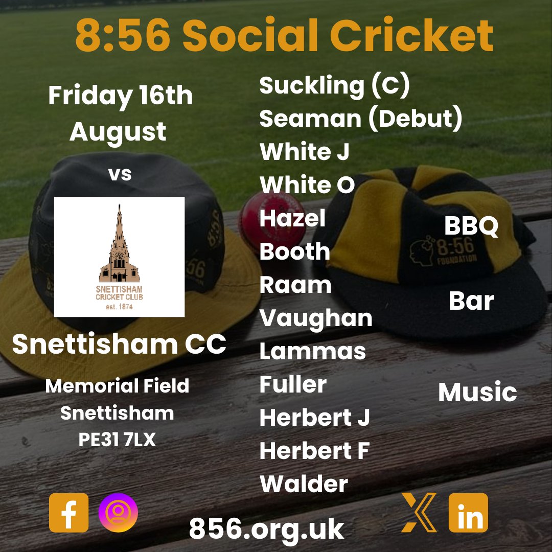 Our final Friday cricket match this evening away at the beautiful <a href="/snettishamcc/">Snettisham CC</a> 5:45pm start

Going to be a lovely day, so come down and support the game and help raise awareness for men's mental health.

BBQ and Bar available.

#ItsTimeToTalk
#BeyondTheBoundary
#WearItGreen