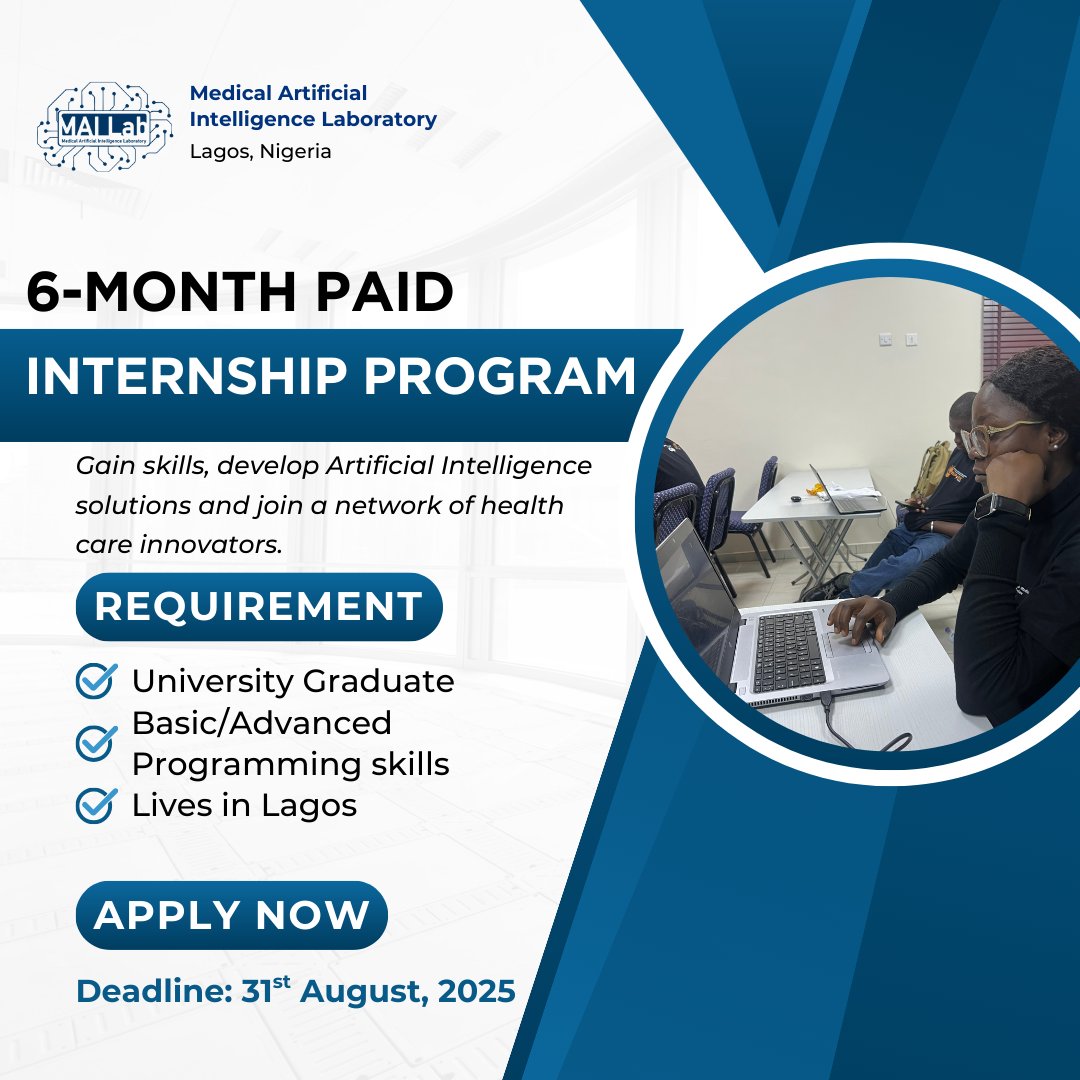 Are you a young Nigerian interested in gaining relevant skills that will enable you to build healthcare solutions?

Join MAILAB as a paid intern. Apply using the link below:

mailab.io/join-mailab-as…

Deadline: 31st August, 2025.

#intern #medicalAI #Tech