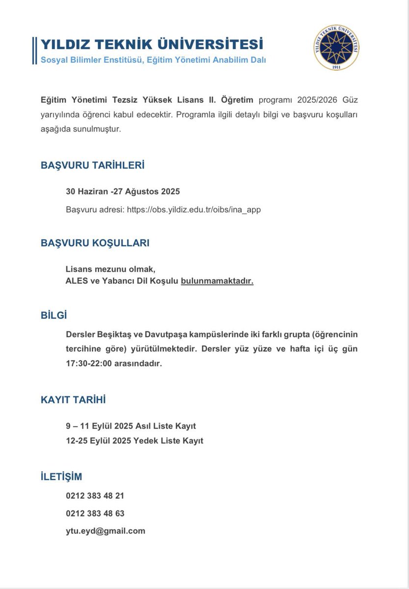 2025-2026 Güz Dönemi için lisansüstü programlarımıza başvurular devam ediyor!
Detaylar için sbe.yildiz.edu.tr adresini ziyaret edebilirsiniz. 💫
Başvuru linki: obs.yildiz.edu.tr/oibs/ina_app/

<a href="/balyeraydin/">Aydın Balyer</a> <a href="/emreerytu/">Emre ER</a> <a href="/sevda_kat/">Sevda Katıtaş</a>