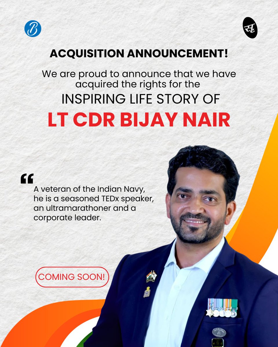 Acquisition Announcement!

We are proud to announce that we have acquired the rights for the inspiring life story of Lt Cdr Bijay Nair.  

A veteran of the Indian Navy, he is a seasoned TEDx speaker, ultramarathoner and corporate leader. Co-authored with Dr Aparna Salvi Nagda.