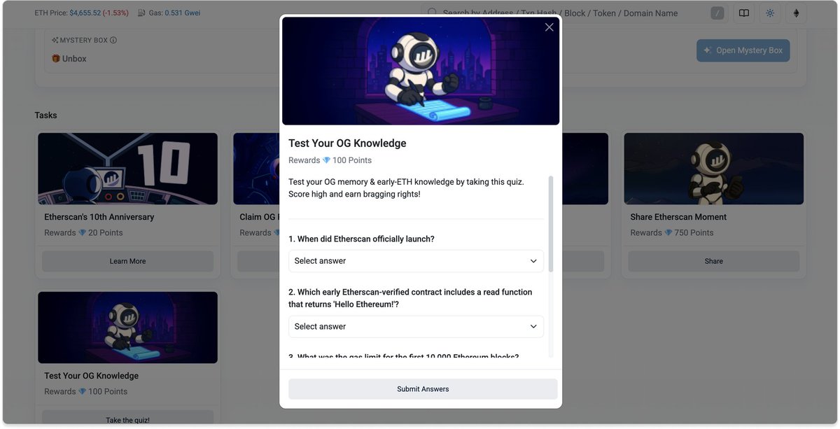 GercekKriptocuu's tweet image. 💎#Etherscan'e quiz geldi! Quizi doğru cevaplayarak 100 Etherscan puanı kazanabiliyoruz. Cevapları aşağıya bırakıyorum, ona göre quizi tamamlarsınız⏬
1- 12 August, 2015
2- 0xa3483b08C8A0F33eB07afF3A66fbcaf5C9018CDC
3- 5,000 gas
4- I accidentally killed it
5- Basic Attention…