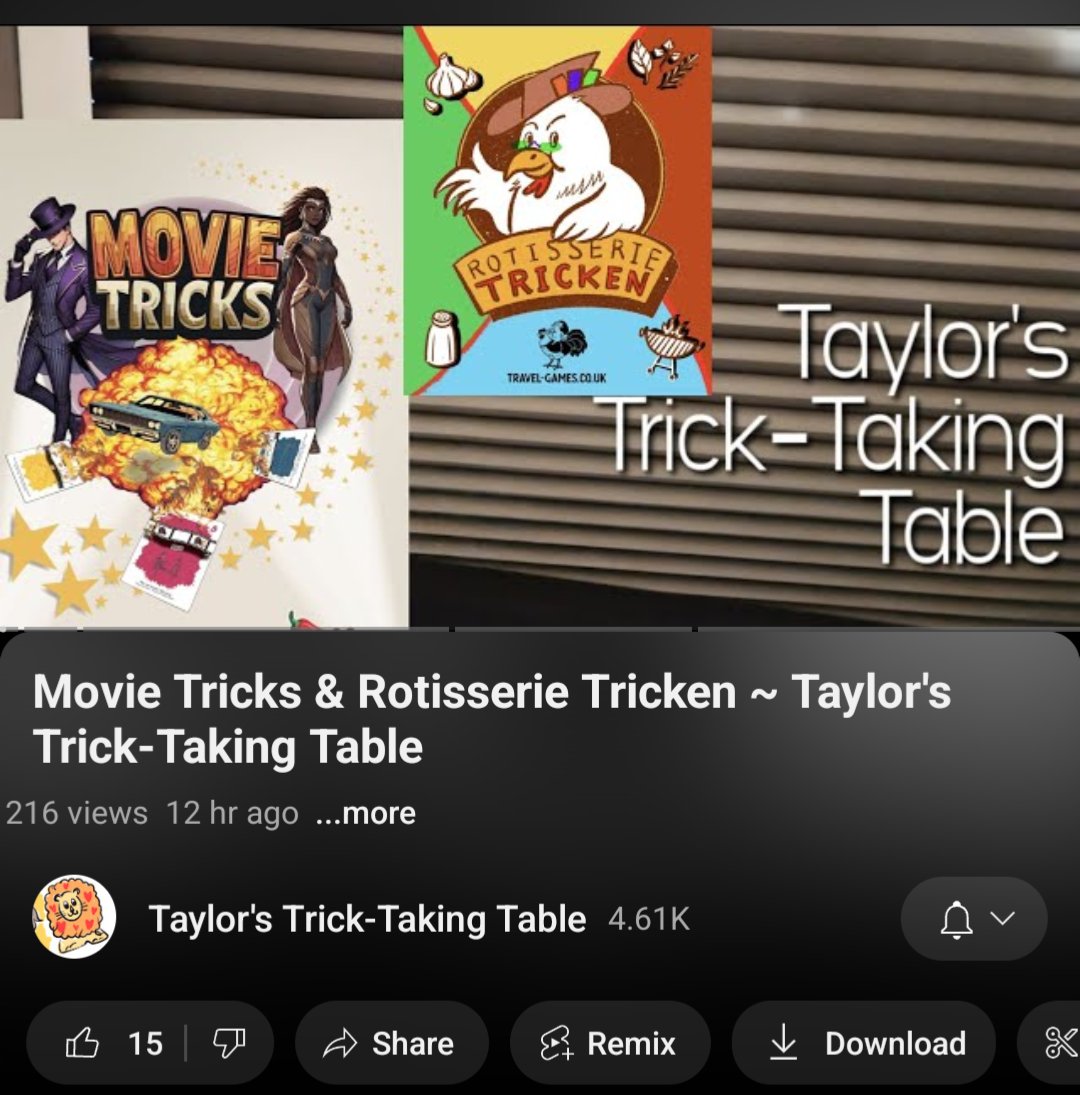 My first published game Rotisserie Tricken just got a review &amp; how-to-play on Taylor’s Trick-Taking Table! 🎉

📺 Video: youtu.be/-k27Z5FFc78?si…
BGG: boardgamegeek.com/boardgame/4431…

#RotisserieTricken #TrickTakingGames #BoardGames